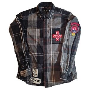 Cookies Plaid Flannel Shirt Patches Long‎ Sleeve Button Up Casual Top Womens L